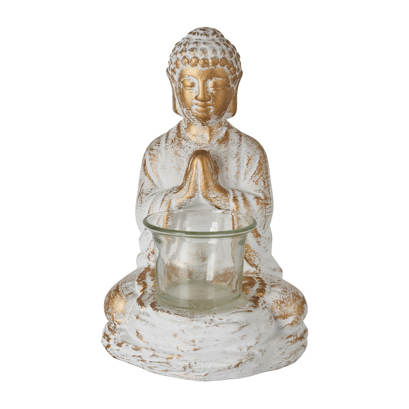 biografie Schrijf op verhoging Boeddha theelichthouder - cement/goud - 12x12x19 cm | Xenos
