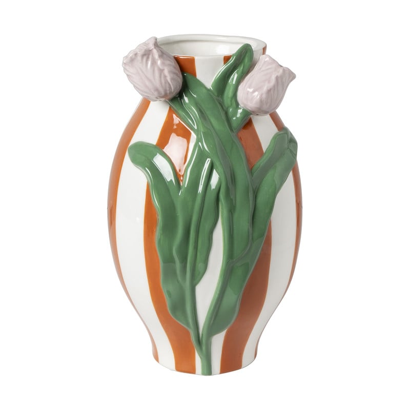 Vaas gestreept met tulp - oranje/groen/roze - ø15.6x28.5 cm