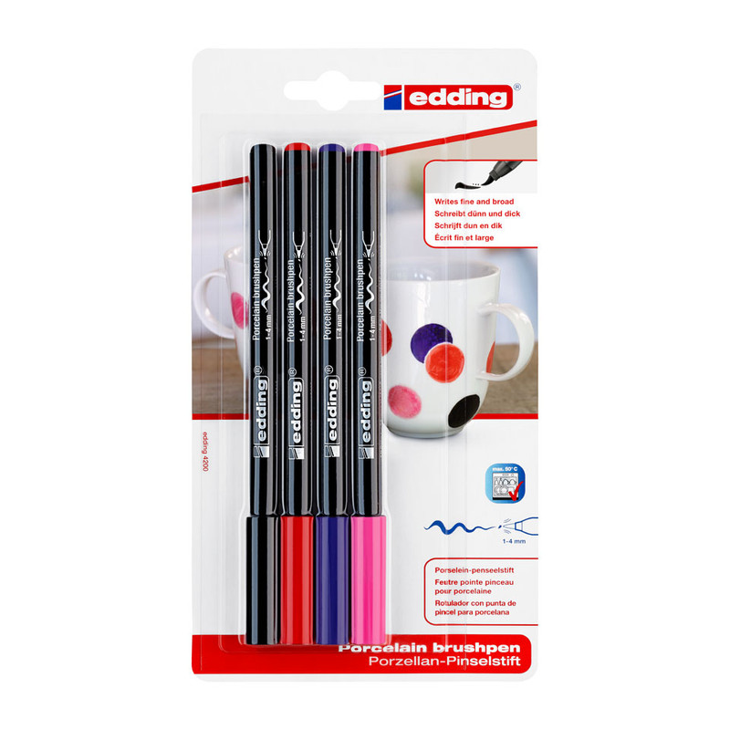 Snikken Pelgrim kleermaker Edding porseleinstiften - set van 4 - zwart/rood/paars/roze | Xenos