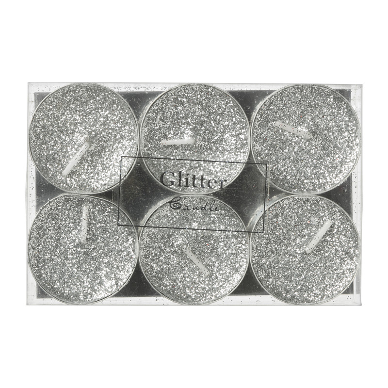 Theelichten glitter - zilver - set van 6