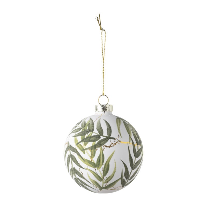 Kerstbal blaadjes - wit/groen - ⌀8 cm 