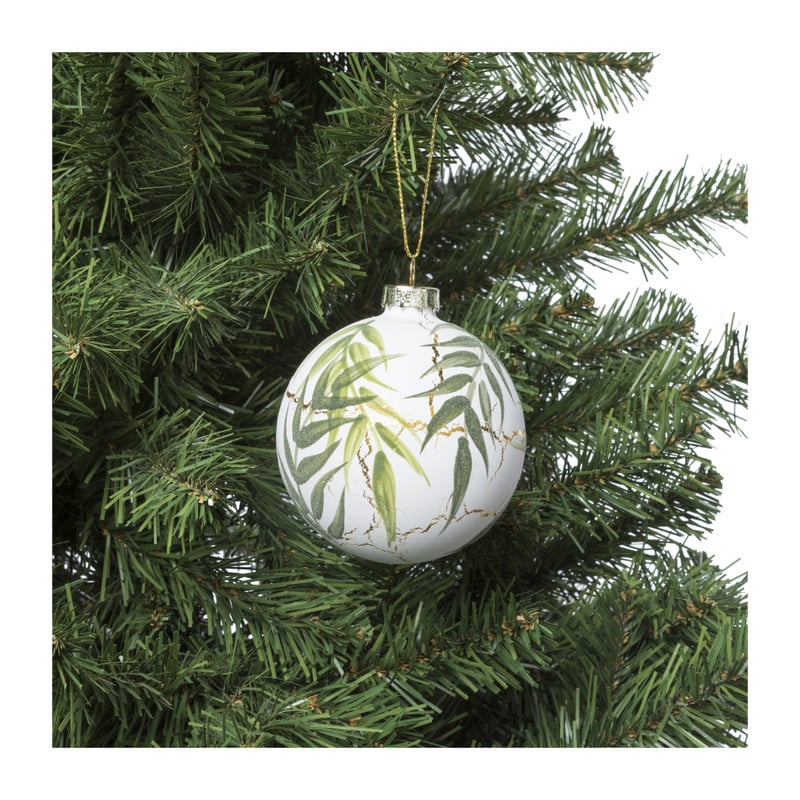 Kerstbal blaadjes - wit/groen - ⌀8 cm 