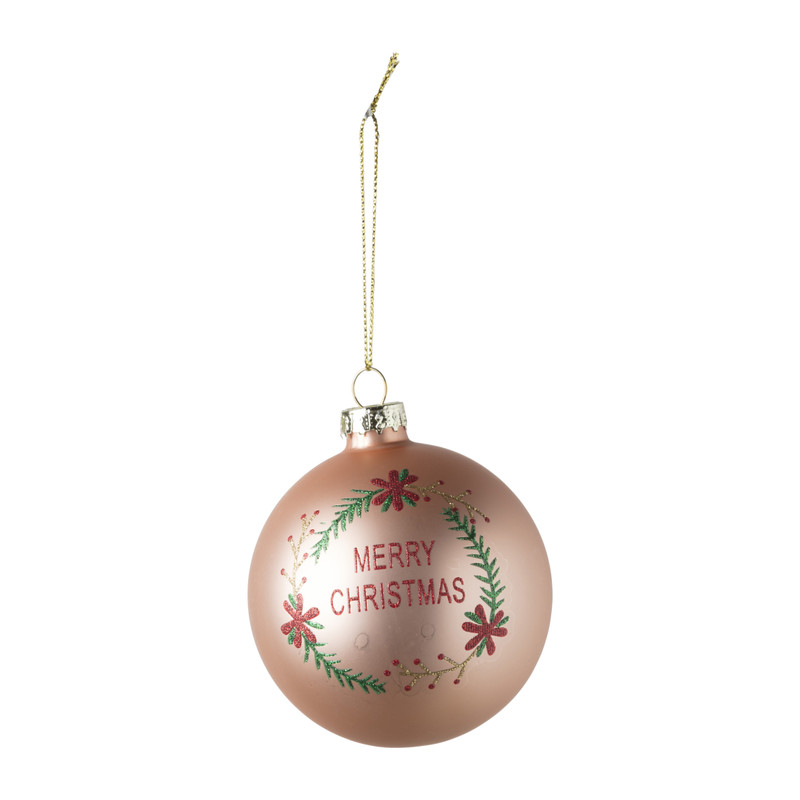 Kerstbal merry christmas - roze - ⌀8 cm