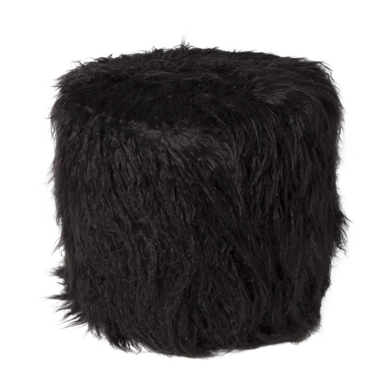 Xenos Poef fluffy - zwart - 38x42x42 cm