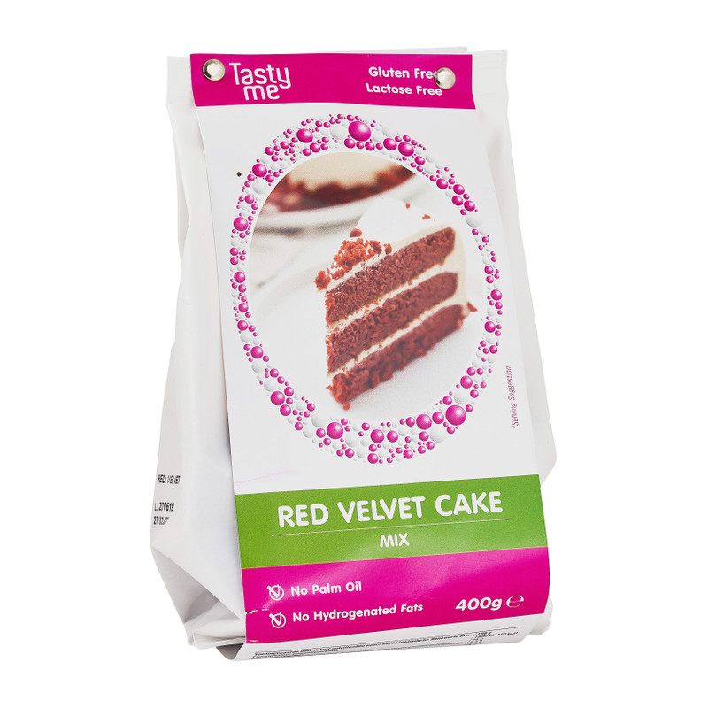 RED VELVET CAKE MIX GLUTENVRIJ 400g. bakmix | bakmixen. Taartingrediënten en bakspullen glutenvrij bakmixen kopen. Tasty Me.